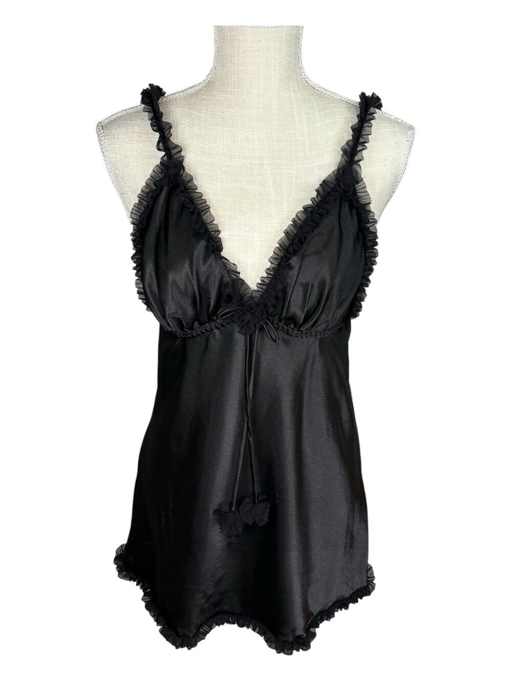 Vintage Seductivewear Babydoll Satin Chemise Top Women's Medium Black Ruffles